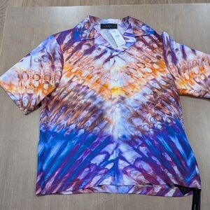 $890 Mens AMIRI Tie Dye SS Silk Button Up Bowling Shirt Purple/Multi Small